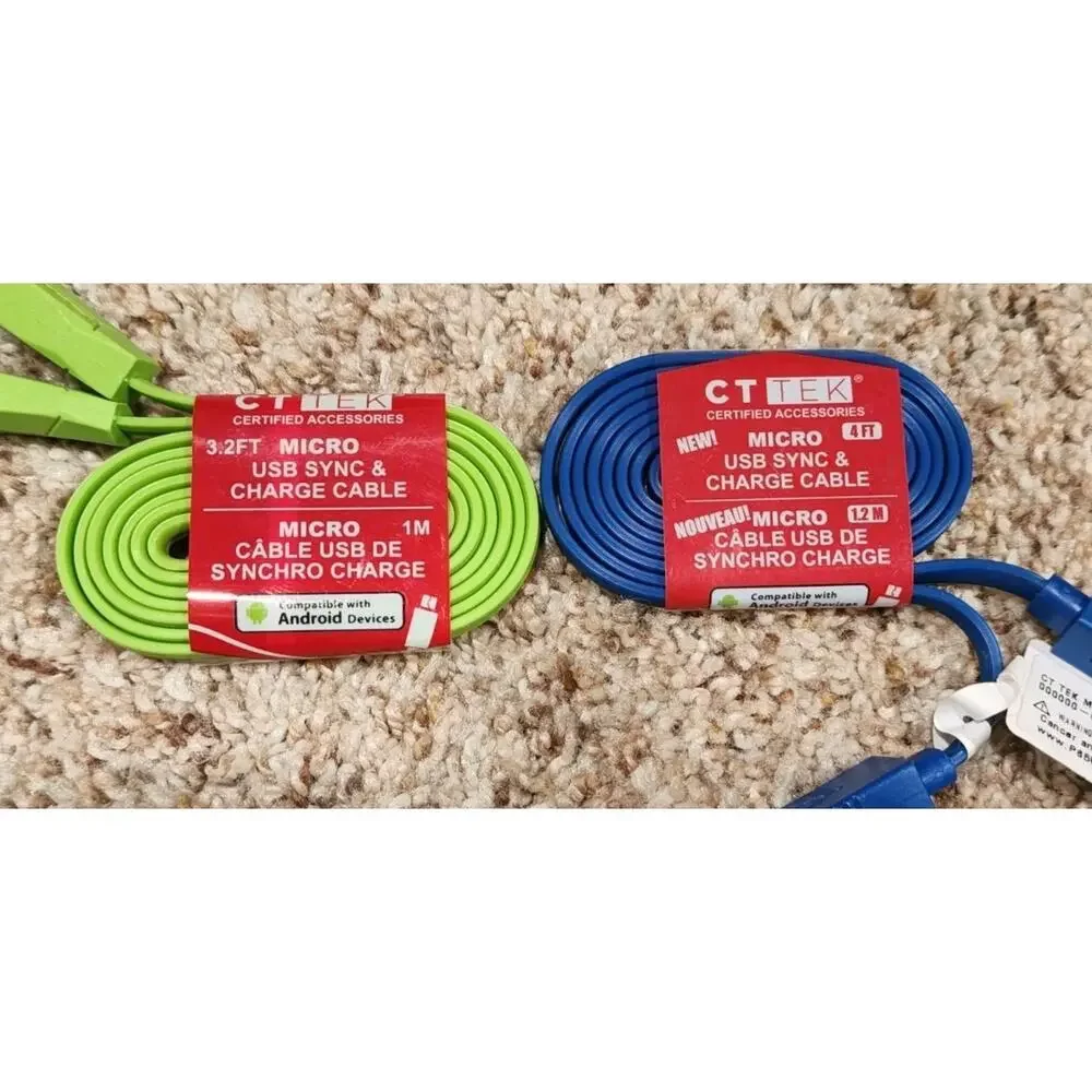 10 CT Tek Micro USB Sync And Charge Cable, 4' - 3.3' Assorted Colors